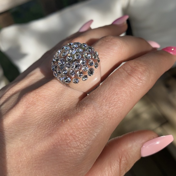 Women’s Acrylic Ring With Crystal Embellished Stones, Statement Ring, Clear - Picture 14 of 16